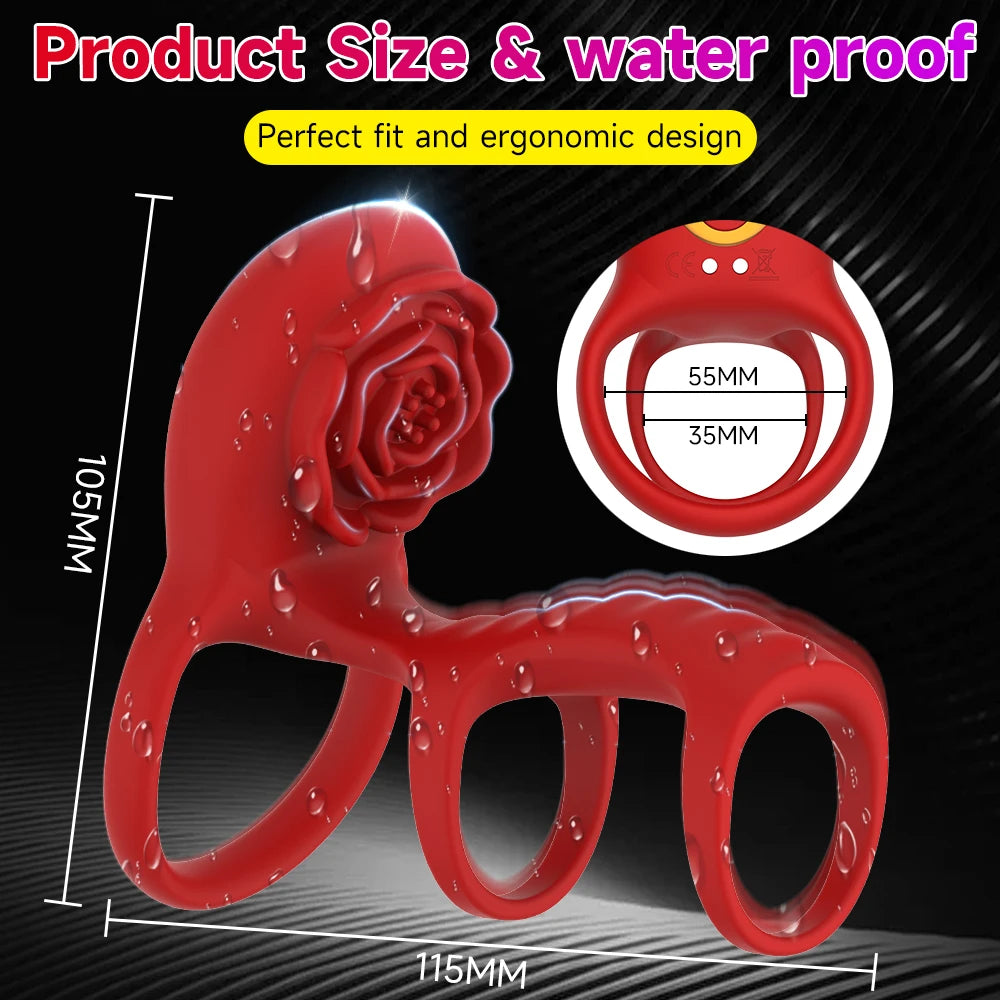 4IN1 Powerful Vibrating Three Loop Cock Ring Rose Clit Nipple Vibrator Wireless Control Penis Erection Trainer Sex Toy for Adult